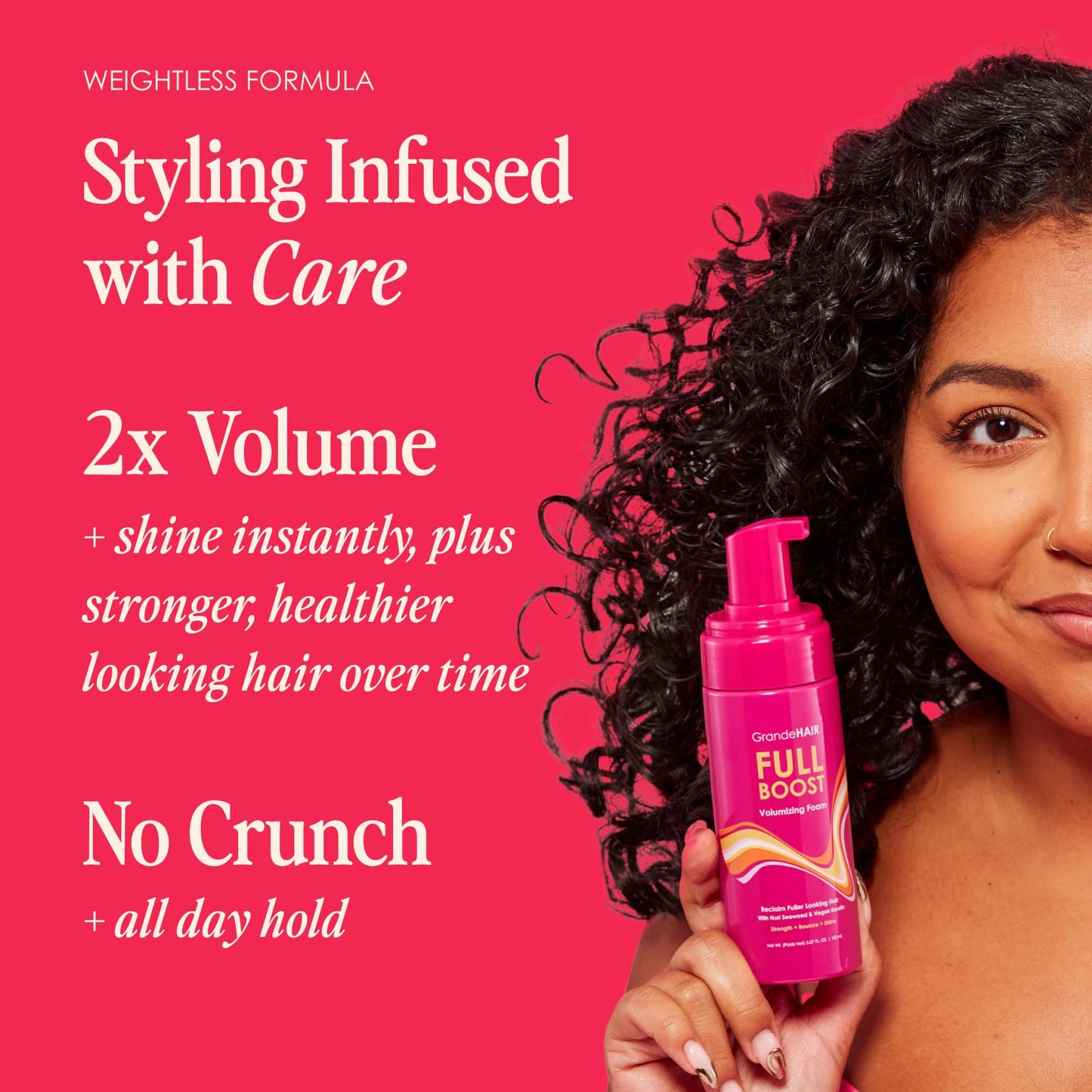 Grande Cosmetics GrandeHAIR Volumizing Foam – Instant Volume & Fuller-Looking Hair, Defines Curls, Non-Sticky Mousse, Travel Size 1.5 oz