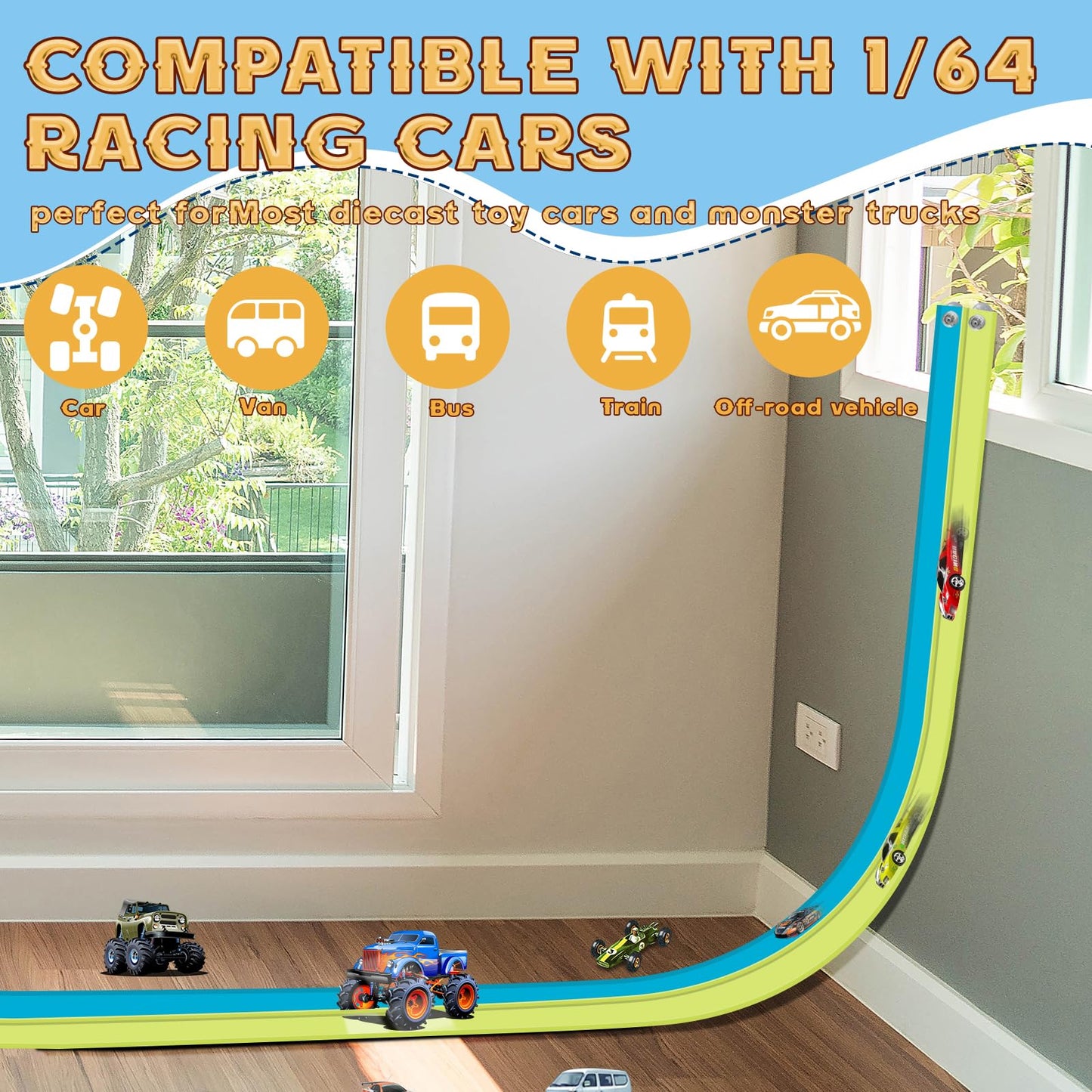 Flex Tracks 15ft Kids Starter Race Car Track Set with Suction Cups, Flexible Ramp for 1:64 Diecast Cars, Ages 3+, Green & Blue