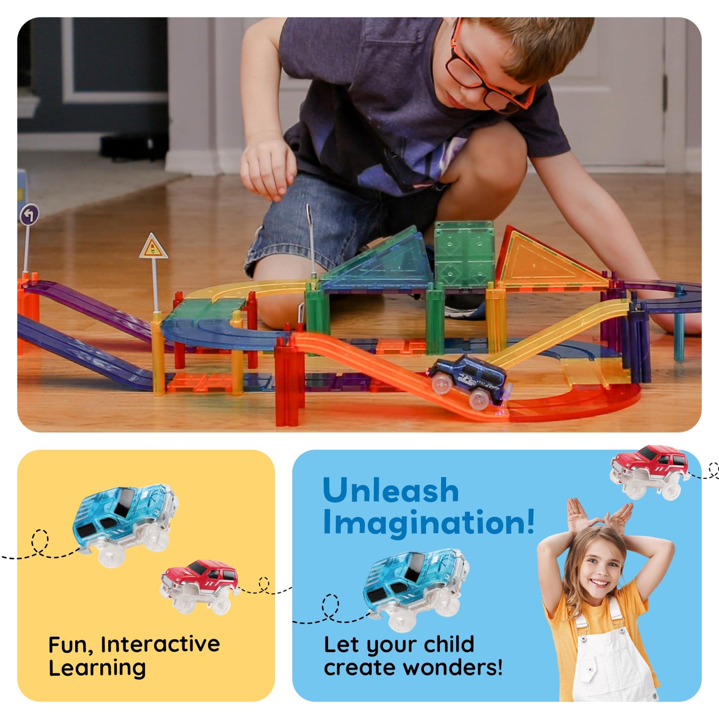 PicassoTiles Magnetic Tiles Race Track Playset with 2 Racing Trucks – STEM Building Blocks Toy for Toddlers, Boys & Girls 3+ PTR30