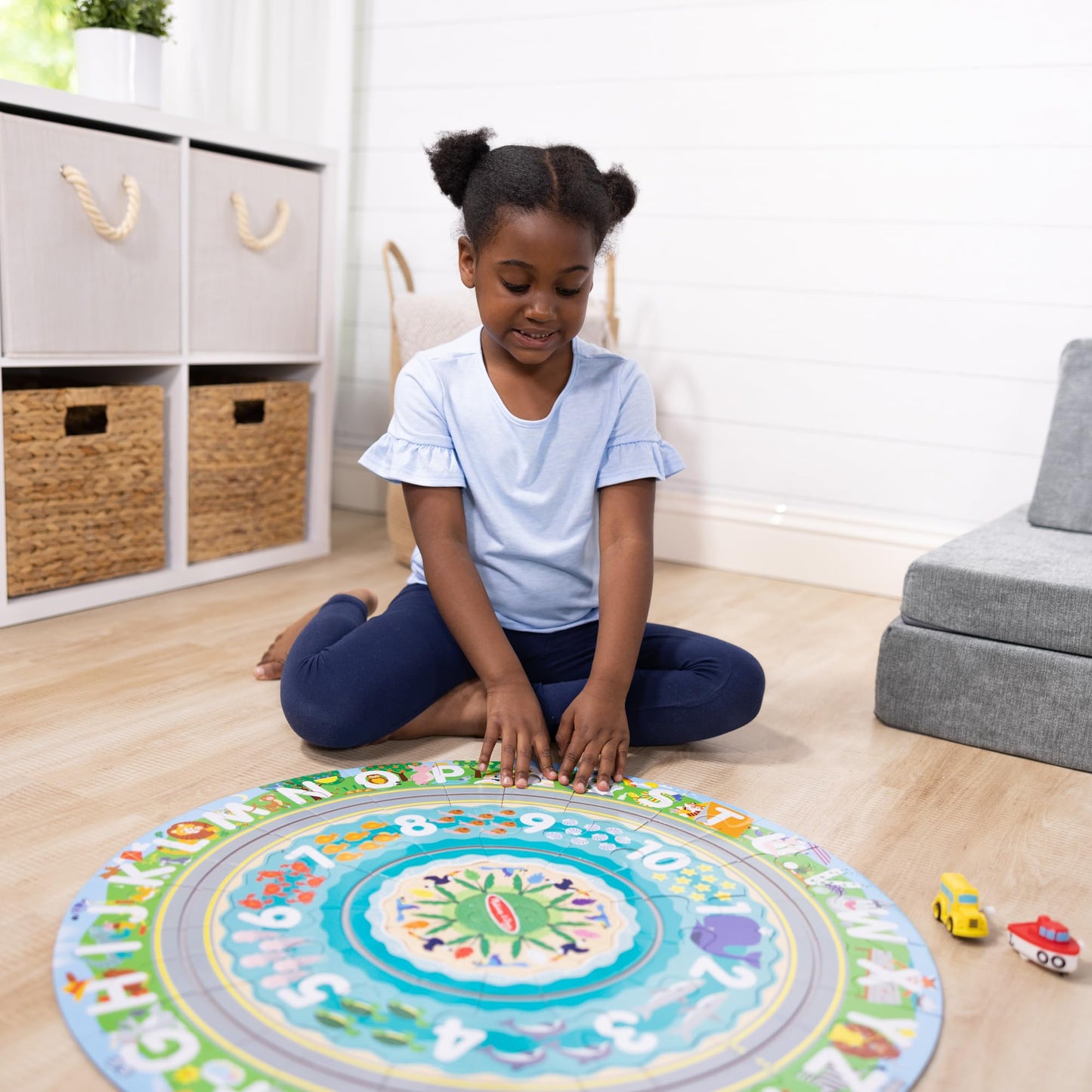 Melissa & Doug Round The Shore Tracks Cardboard Jigsaw Floor Puzzle and Wind-Up Vehicles – 48 Pieces, for Boys and Girls 4+ - FSC-Certified