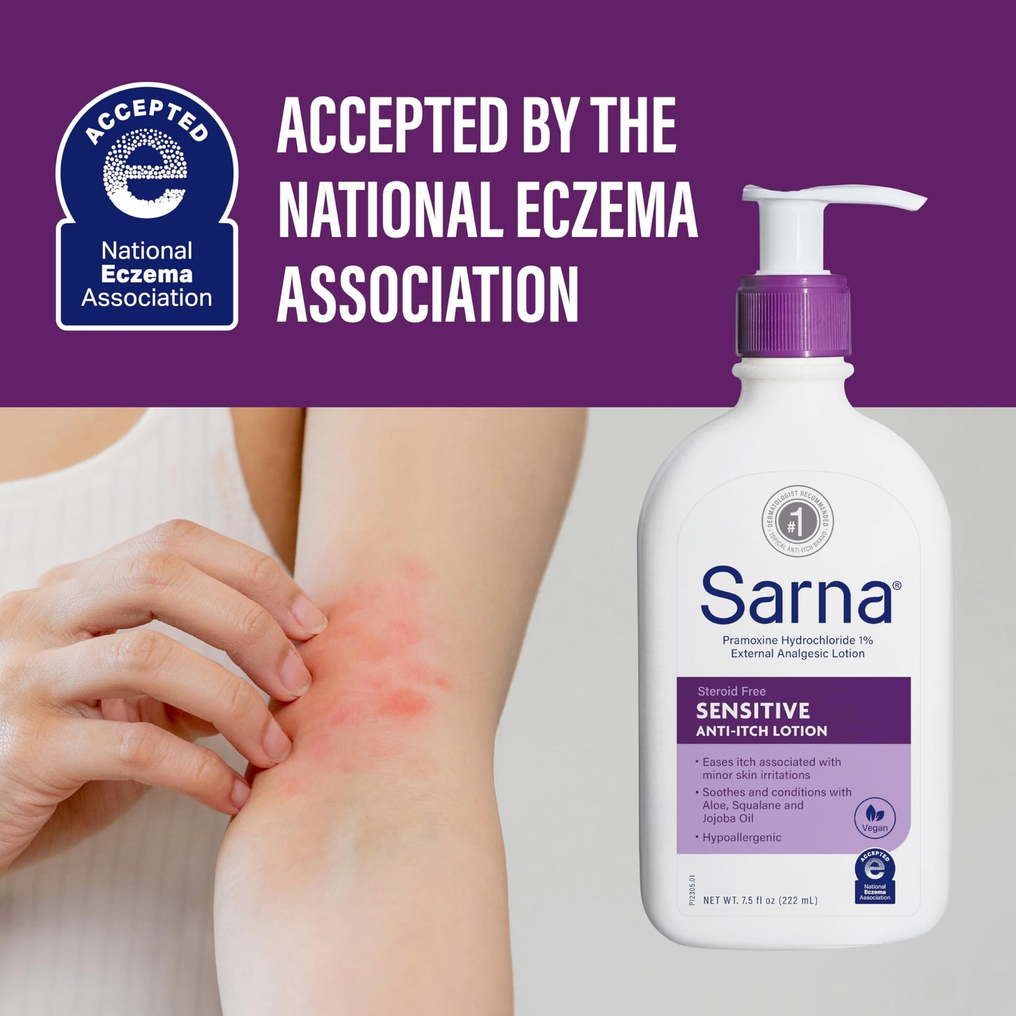 Sarna Sensitive Anti-Itch Lotion – Steroid & Fragrance-Free, Vegan, Hypoallergenic, Eczema-Friendly with 1% Pramoxine Hydrochloride, 12 oz