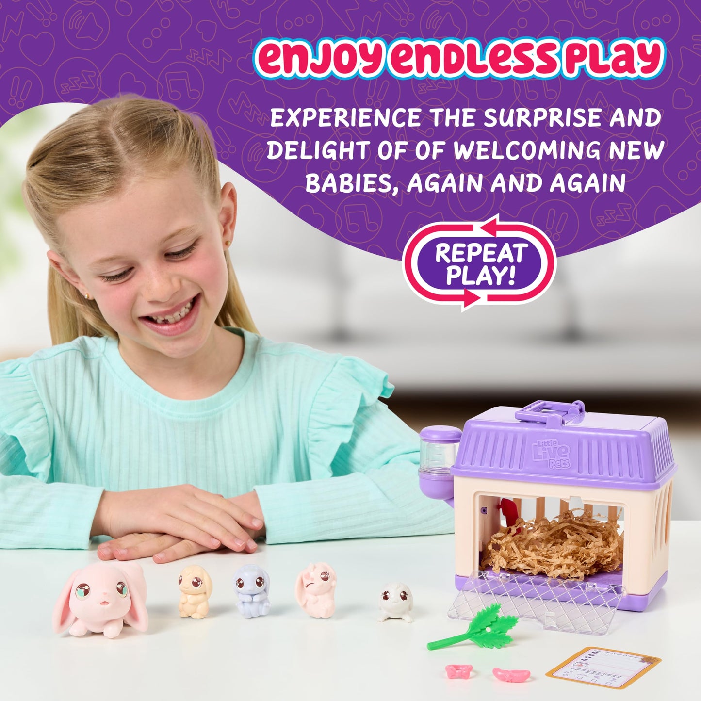 Little Live Pets Bunny Mini Interactive Toy Set, Hutch Animal Playset with 3 Surprise Babies, 20+ Sounds, Bunny Accessories for Girls Ages 3+