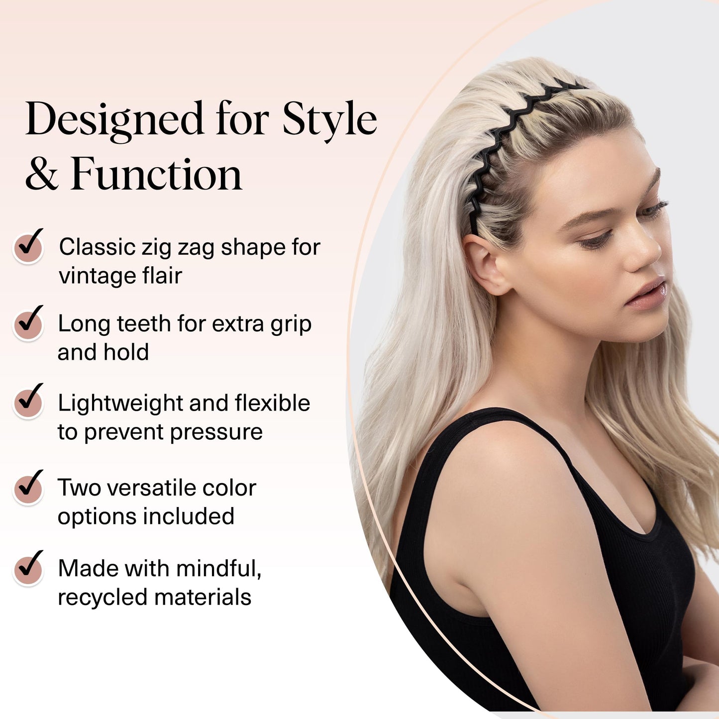 Kitsch Zig Zag Headbands for Women – Non-Slip Comb Headbands for Slicked Back Styles, Comfortable & Stylish, Tortoise & Black, 2 Pack