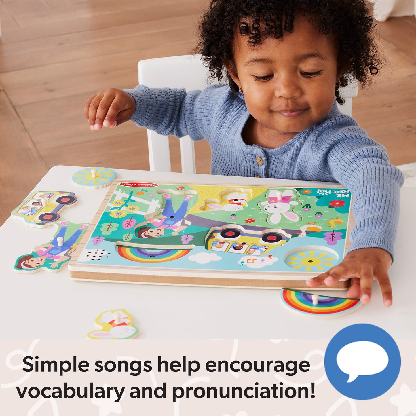 Melissa & Doug Ms. Rachel Wooden Song Peg Puzzle – 6-Piece Light-Activated Sound Puzzle, Toddler Toy for Ages 2-5+, FSC Certified