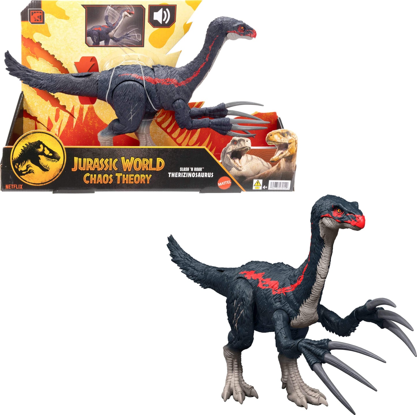 Mattel Jurassic World Chaos Theory Slash N Roar Therizinosaurus Dinosaur Action Figure Toy, Attack Claws & Sound, Digital Play