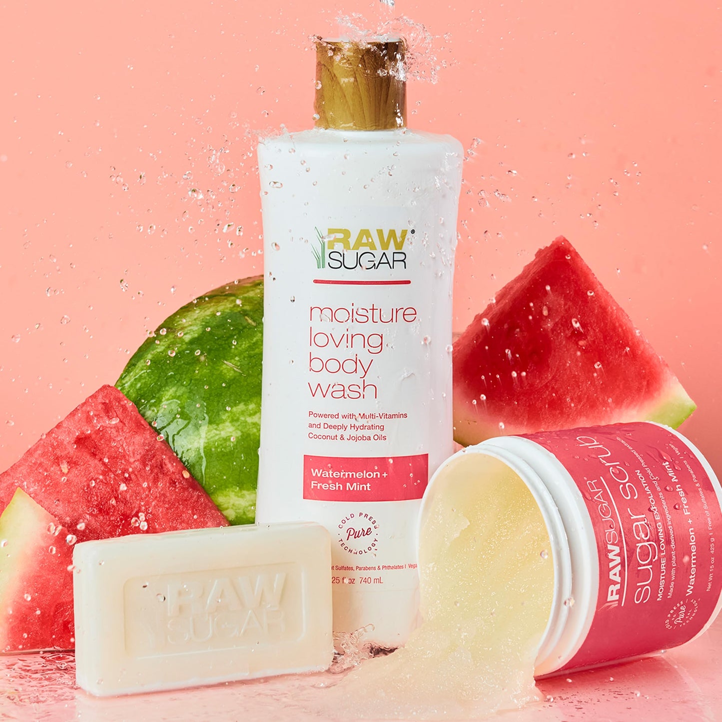 RAW SUGAR Simply Body Wash Trio 3-Pack, 25oz Each – Vegan, No Sulfates/Parabens, Coconut Mango, Pineapple Maqui, Watermelon Mint