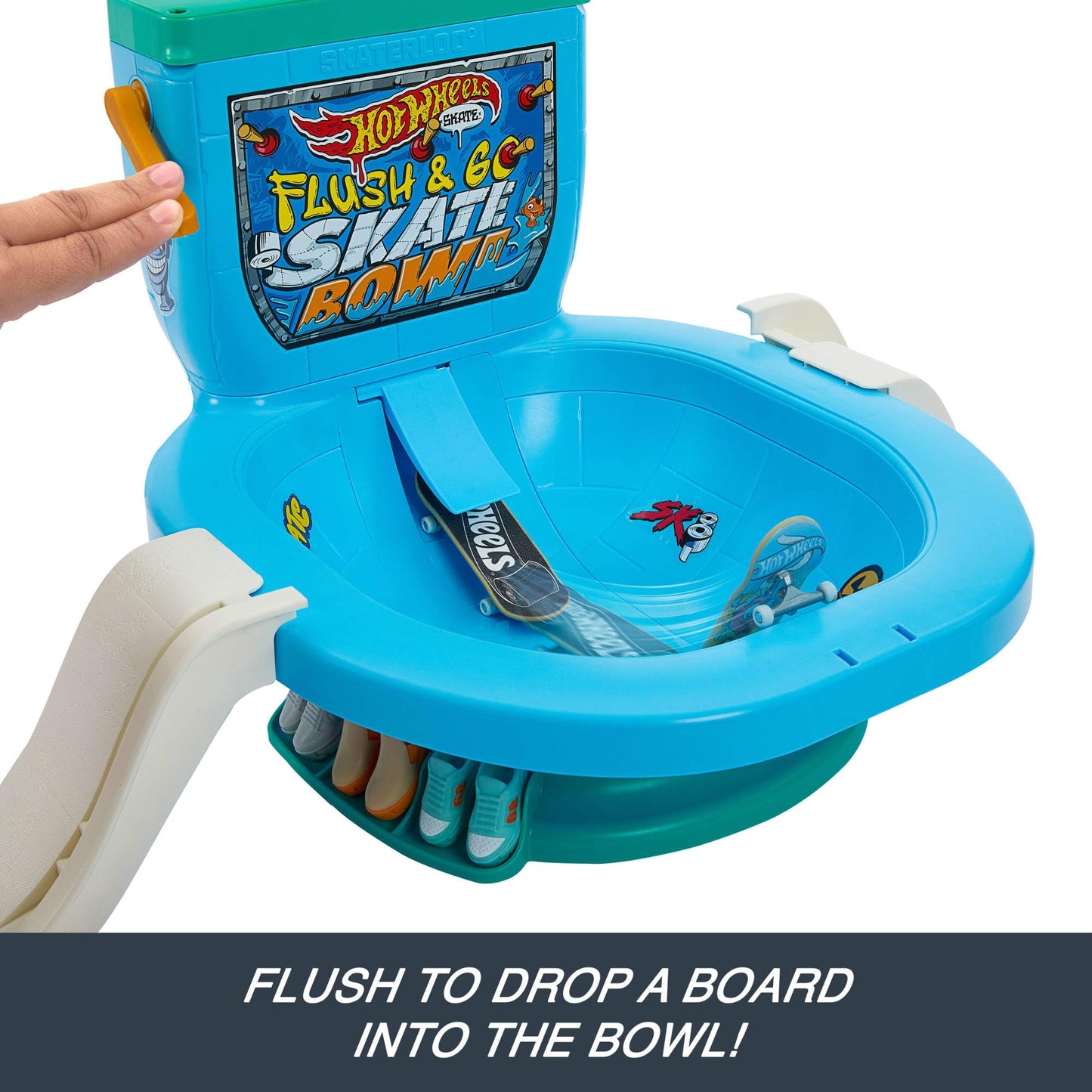 Hot Wheels Skate Fingerboard Flush & Go Skate Park with Toilet Theme, 1 Exclusive Board, 1 Pair of Shoes & Sticker Sheet