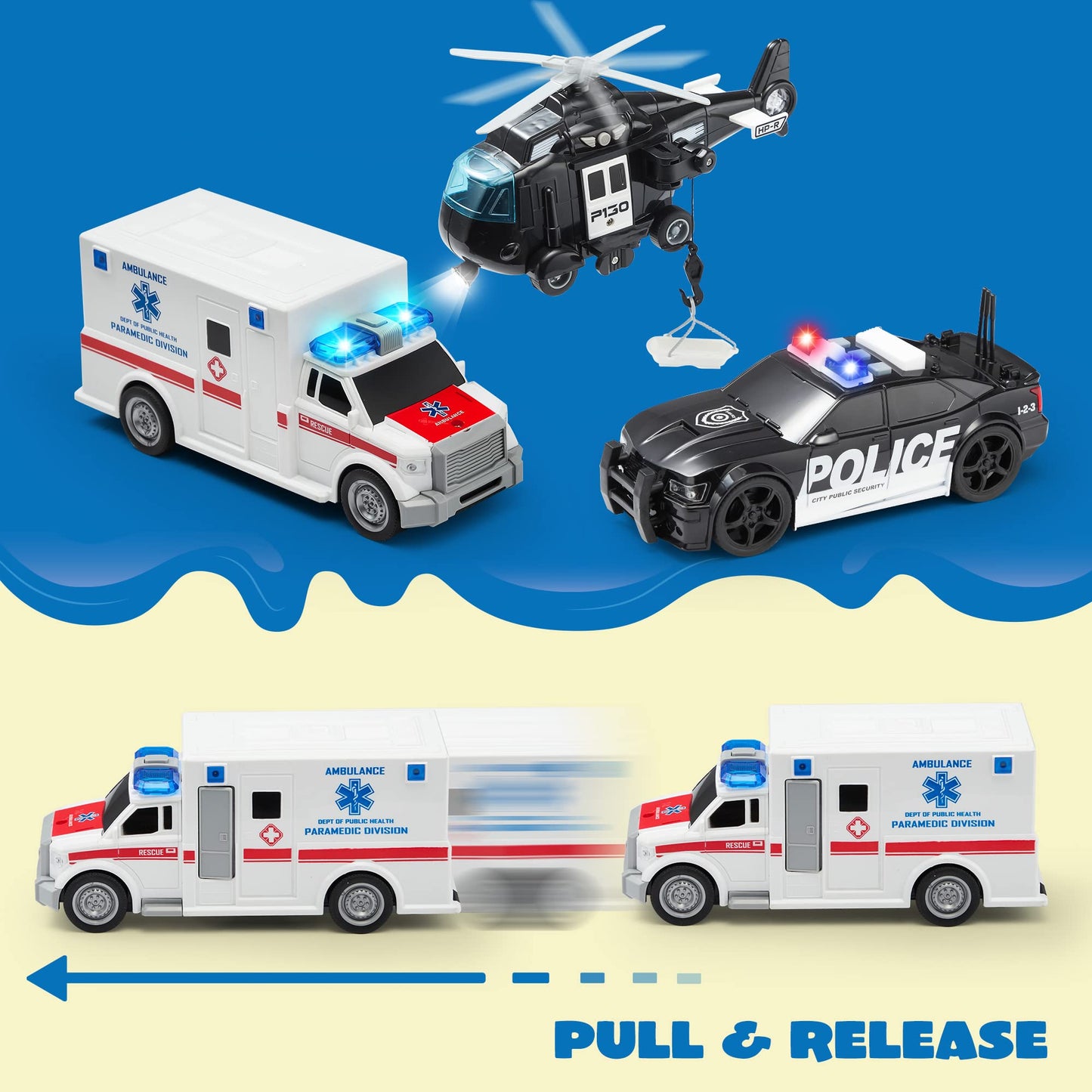 JOYIN Toddler Truck Toy Set for Boys & Girls 3-9 – Friction Powered Police & Emergency Vehicles with Lights & Sounds, Birthday & Christmas Gift