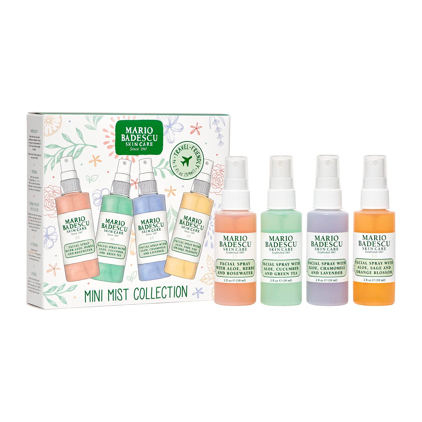 Mario Badescu Mini Facial Spray Set – Rose, Cucumber, Lavender & Orange Blossom, Hydrating & Cooling Mist for All Skin Types, 2oz (4-Pack)