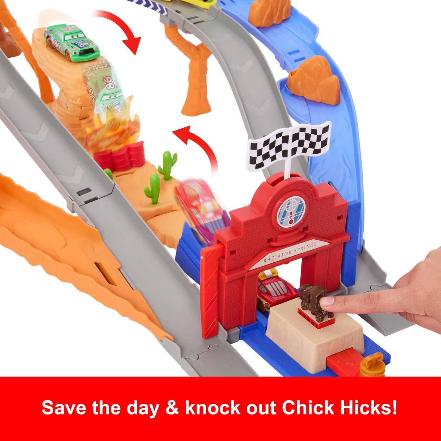 Mattel Disney and Pixar Cars Toy Playset, Lightning McQueen & Chicks Hicks & 2 Pitty Crew Vehicles, 2 Ways to Race, Race & Rescue Rescue Road Raceway