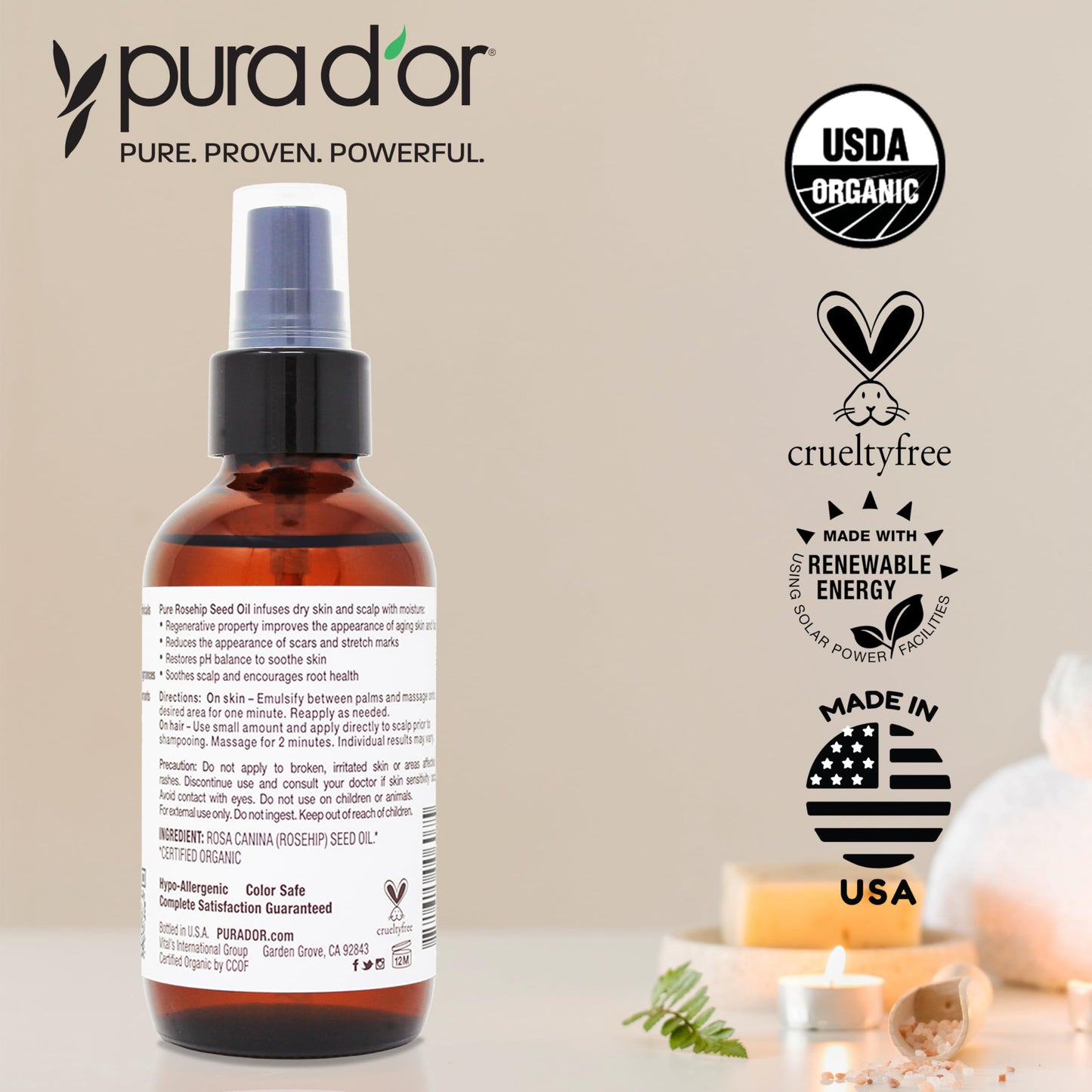 PURA D'OR Organic Rosehip Seed Oil 4oz – 100% Pure Cold Pressed USDA Certified – Anti-Aging, Scar & Stretch Mark Treatment for Face, Hair & Body
