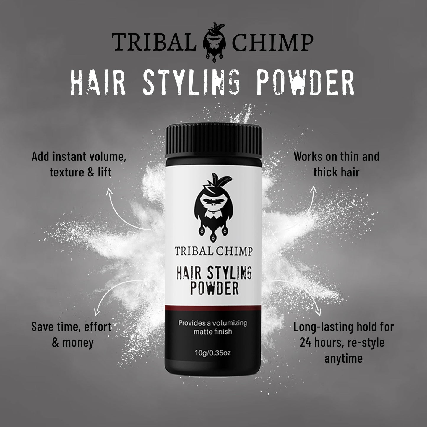 Tribal Chimp Hair Styling Powder – Volumizing & Texturizing Powder for Men & Women, Matte Finish, 24H Invisible Hold, Non-Sticky, Fresh Scent, 10g