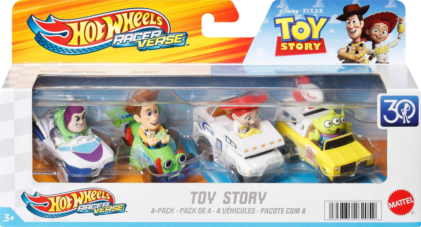 Hot Wheels RacerVerse, Set of 4 Die-Cars 1:64 Scale Toy Cars Optimized for Driving on Tracks with Pop Culture Characters as Drivers