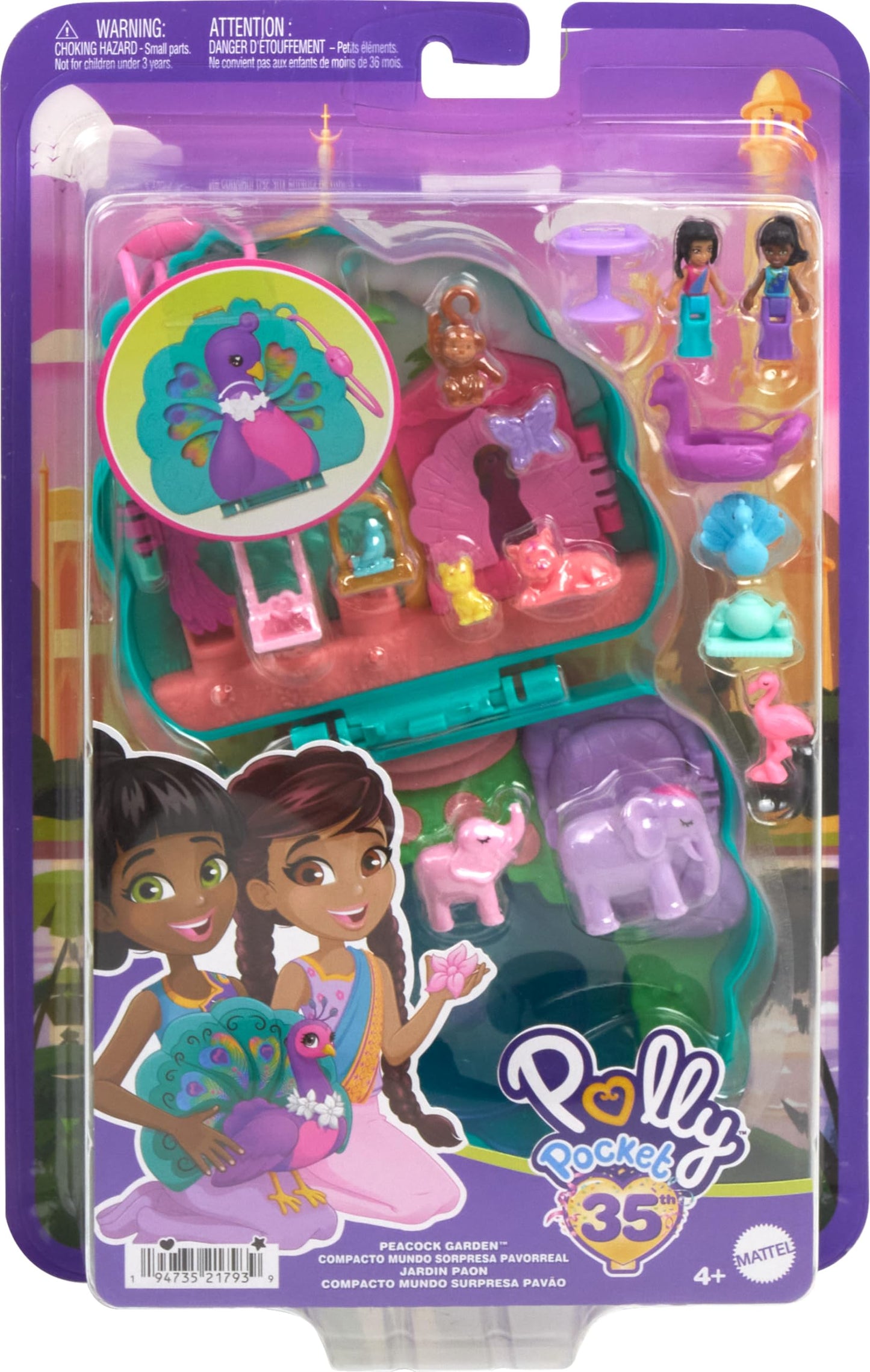 Polly Pocket Dolls & Playset, Peacock Garden Compact, Travel Toy with 2 Micro Dolls, Pets & Animal Accessories