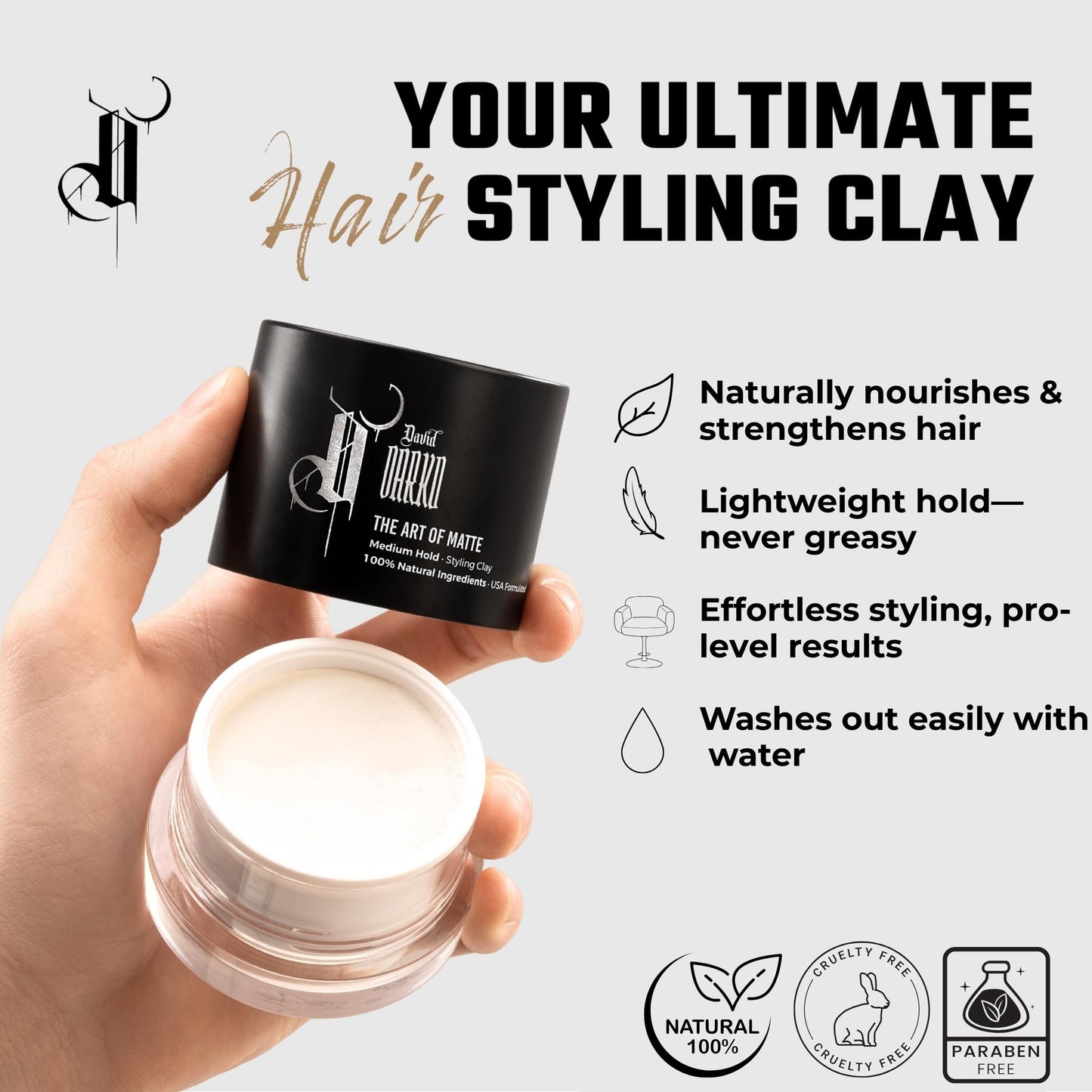 David Darko Hair Clay for Men – 100% Natural Matte Finish | Medium Hold, Easy to Wash Out | Texturizing & Styling Clay | USA-Formulated 2.82 oz