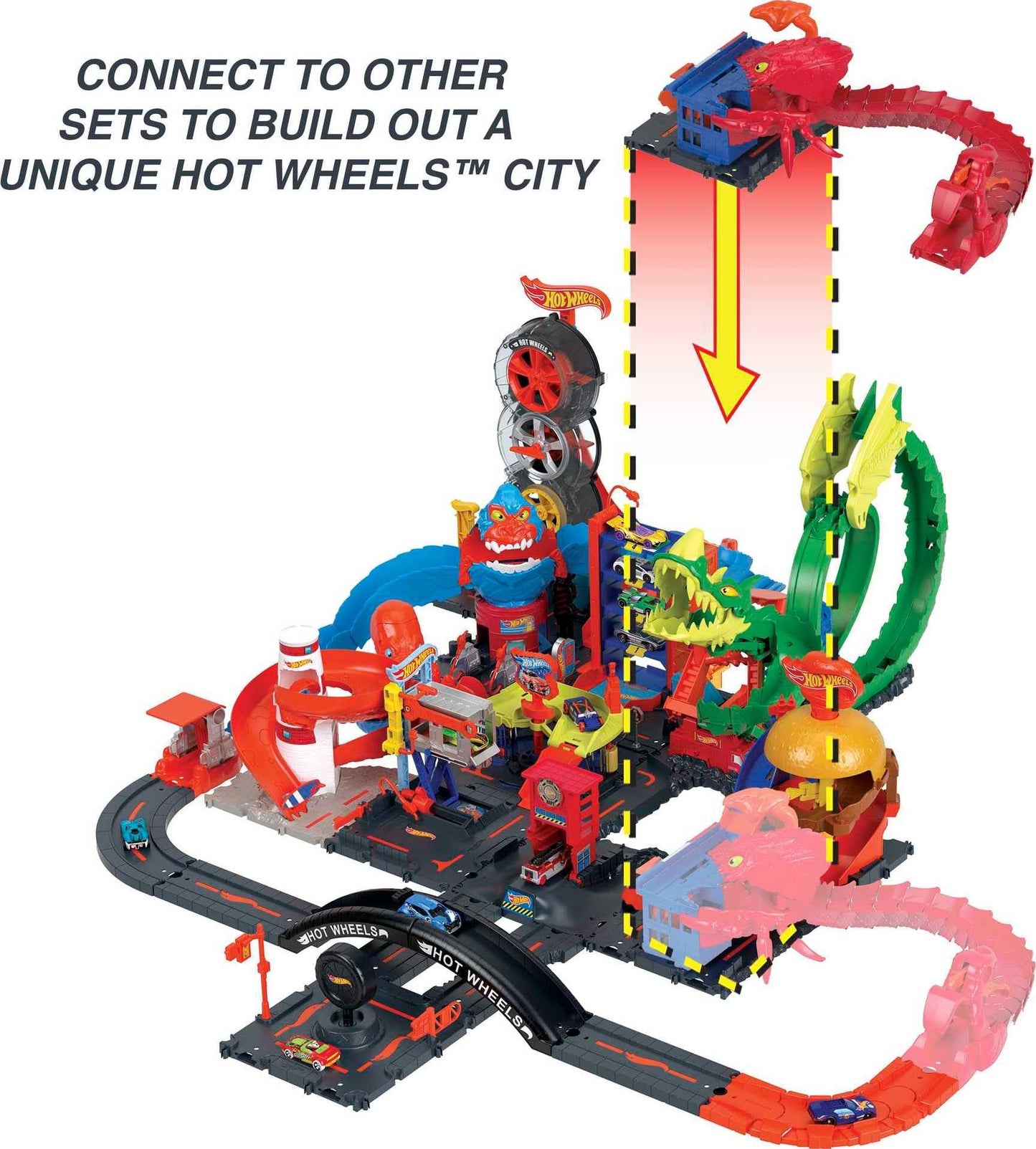Hot Wheels Toy Car Track Set City Scorpion Flex Attack & 1:64 Scale Police Vehicle, Bendable Tail Extends 2.6 Ft., Connects to Other Sets