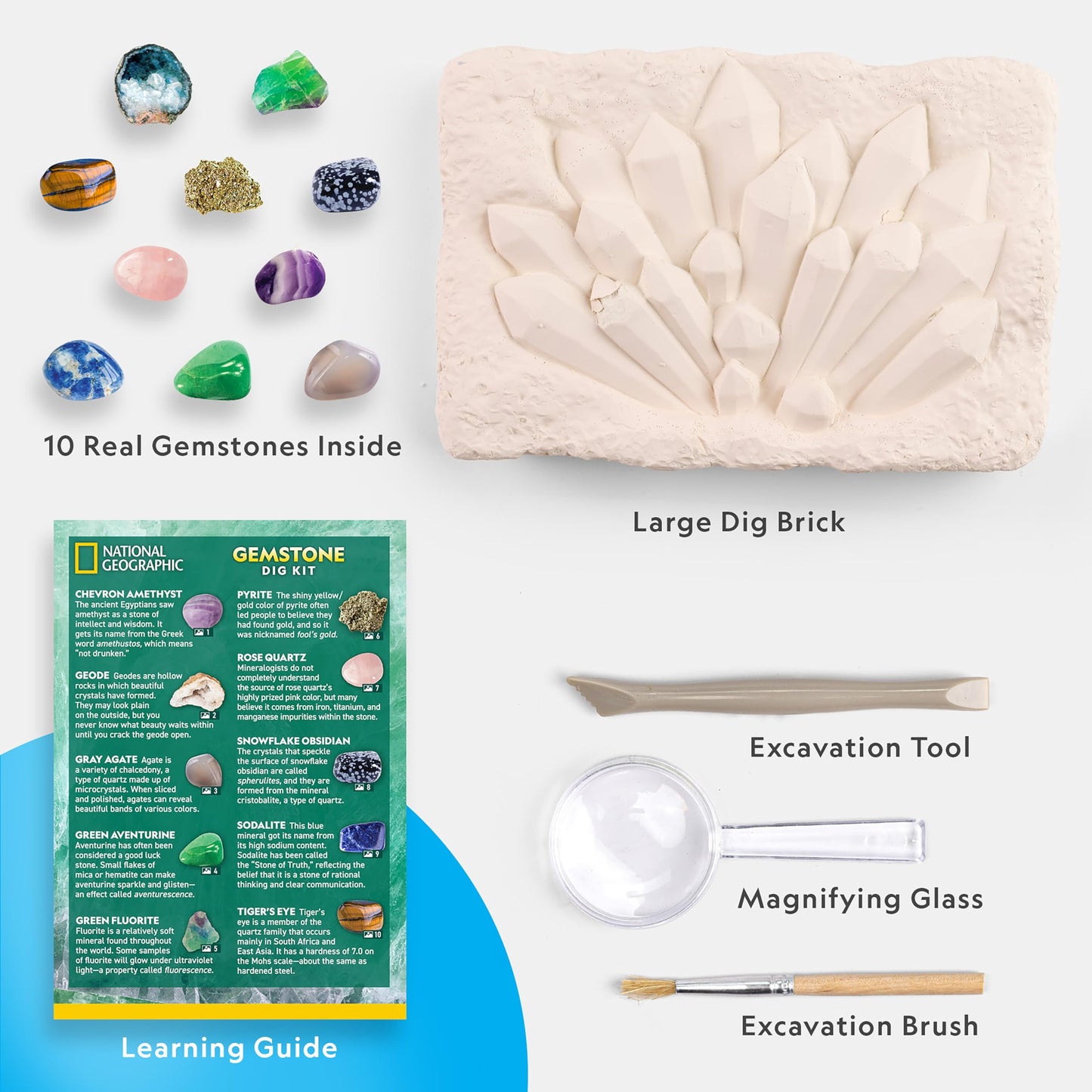 National Geographic Gemstone Dig Kit – Discover 10 Real Gemstones & Crystals, Science & Mining Kit for Kids, Gift for Boys & Girls