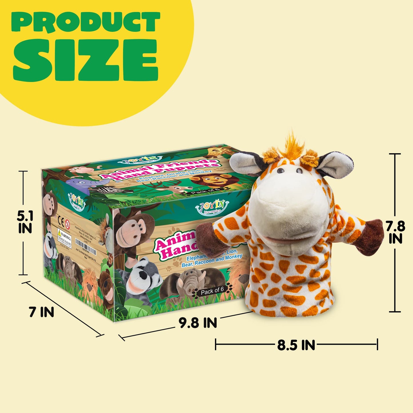 JOYIN 6Pcs Animal Hand Puppet Set with Moving Mouths – Elephant, Giraffe, Lion, Bear, Raccoon & Monkey Plush Toys for Kids Age 3+