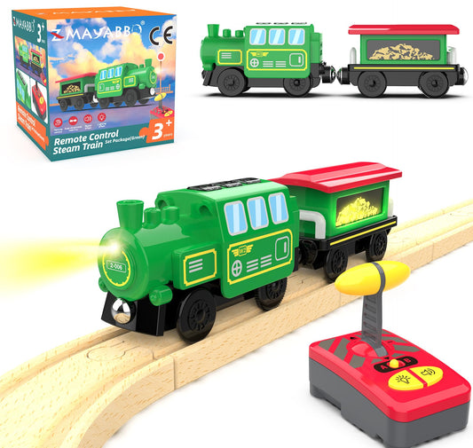 Wooden Battery Operated Locomotive Train with Remote Control – Fits All Major Track Sets, Powerful Engine (Batteries Not Included)