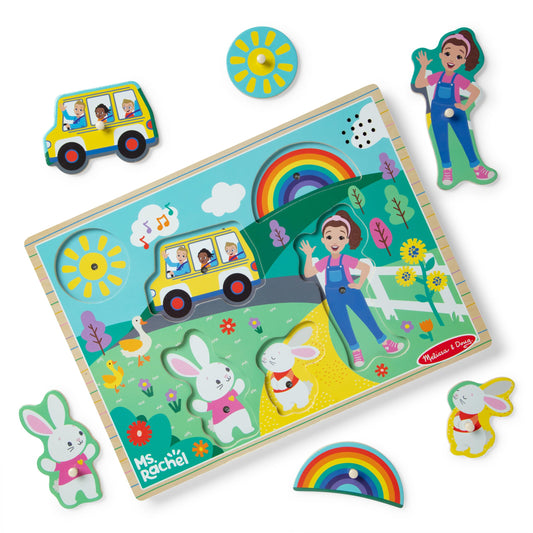 Melissa & Doug® Ms. Rachel™ Wooden Song Peg Puzzle, 6-Piece Light-Activated Sound Puzzle with Full Songs, Toddler Toys for Boys and Girls Ages 2-5+ Years - FSC Certified