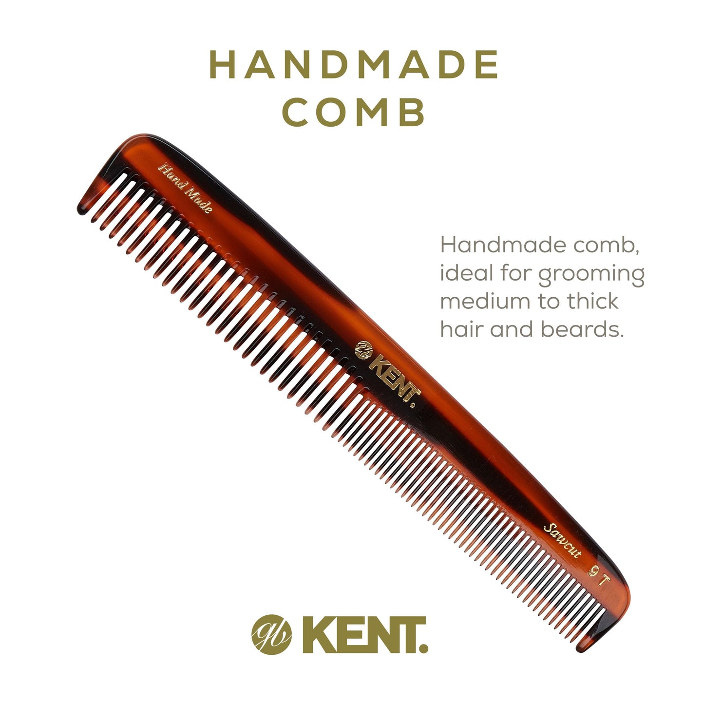 Kent 9T Tortoiseshell Fine & Wide Tooth Comb – Large Handmade Saw-Cut Hair Comb for Wet or Dry Hair, Detangling & Styling, Made in England