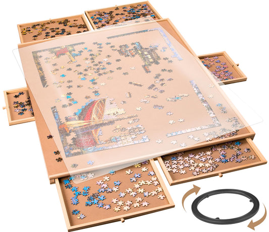1500 Pieces Rotating Puzzle Board with 6 Storage Drawers & Protective Cover - Wooden Jigsaw Puzzle Table for 1500 Pieces - for Family Games, Home Entertainment & Puzzle Building