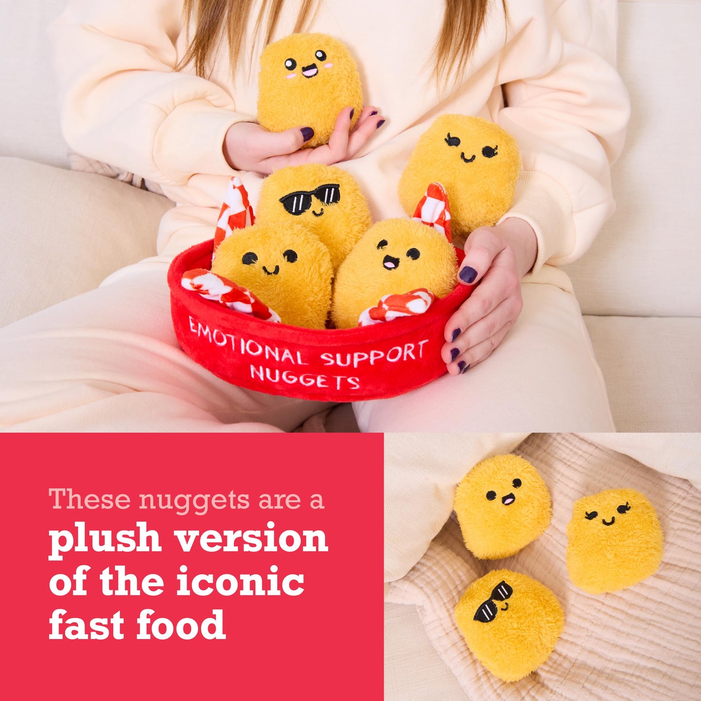 Emotional Support Chicken Nuggets Plush Set – 5 Cute Plushies in Basket, Cozy Fall Gift, Fun Collectible & Trick-or-Treat Toy