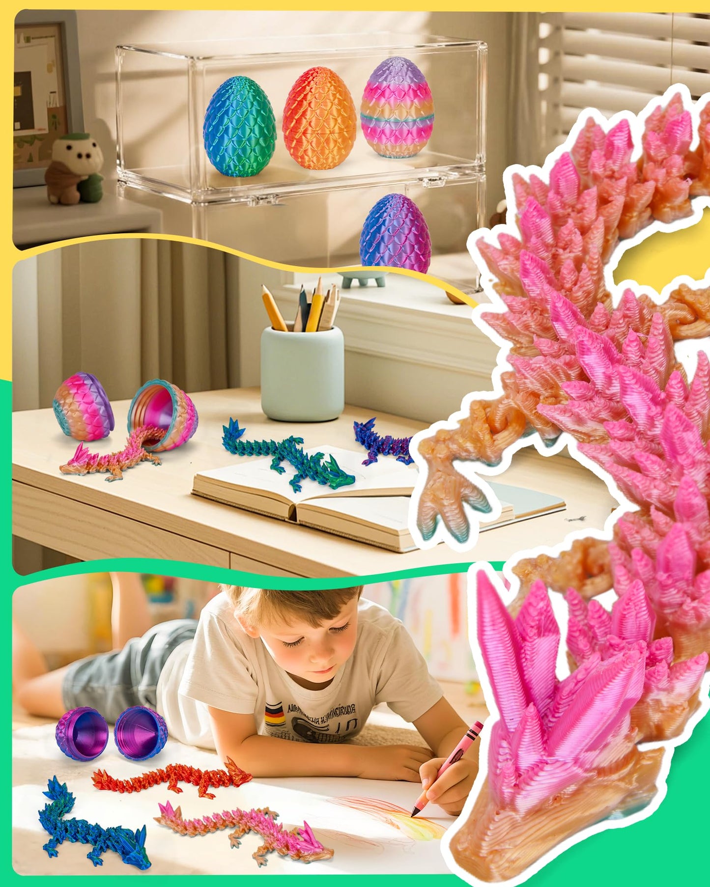 TBOLINE 4PCS 3D Printed Dragon & Dinosaur Eggs, Articulated Crystal Animal Fidget Toys for Kids, Easter Gifts for Boys & Girls