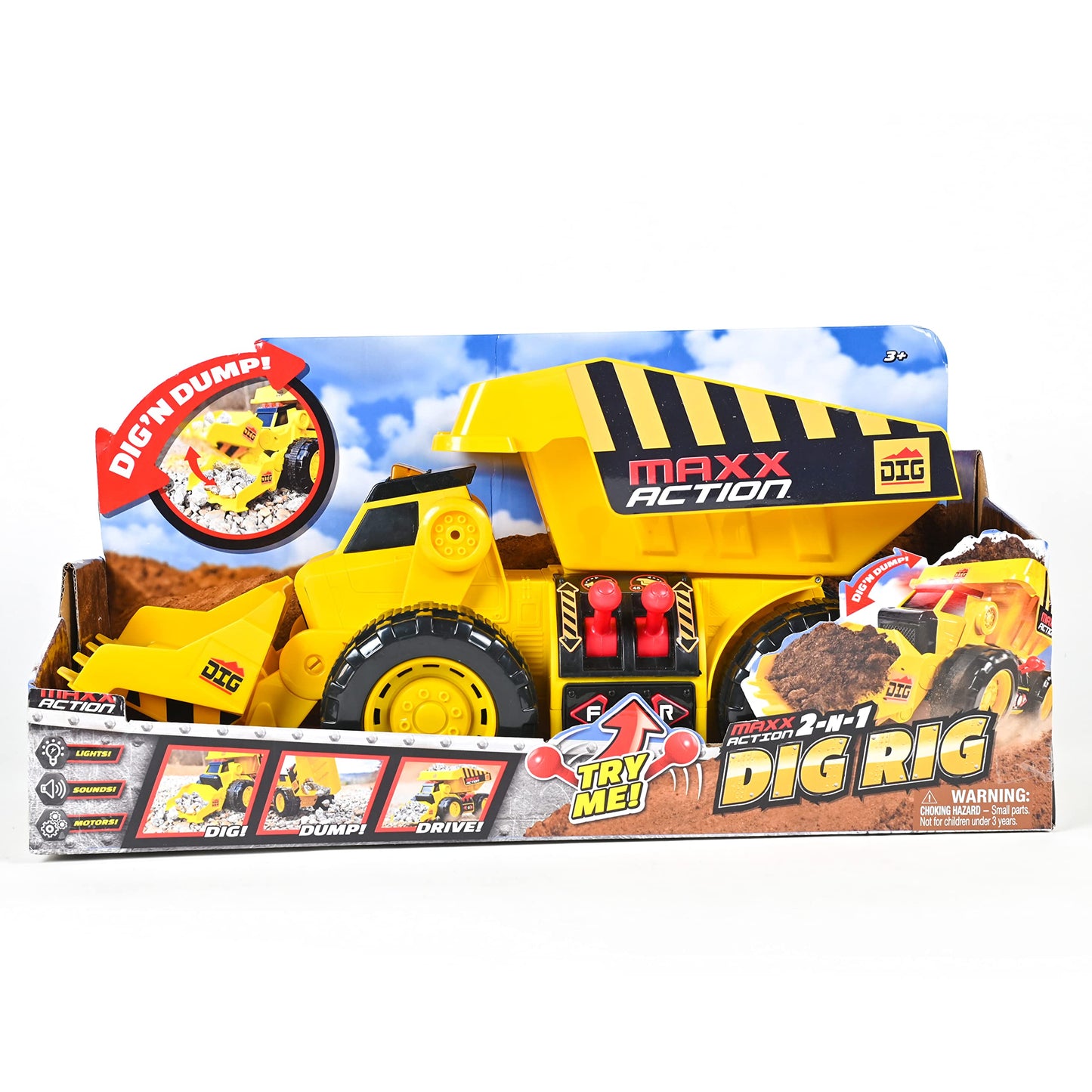 Maxx Action 19” 2-in-1 Motorized Dig Rig Excavator & Dump Truck Toy with Joystick Control, Lights & Sounds | Construction Vehicle Toy for Kids 3+