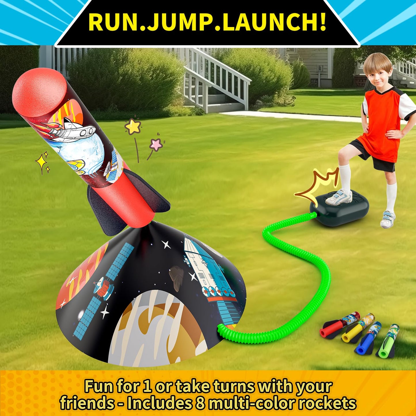 Otoseth Kids Rocket Launcher Toy – Launch Foam Rockets Up to 100 Ft, 8 Multi-Color Rockets, Adjustable Stand, Outdoor Birthday Gift 3+