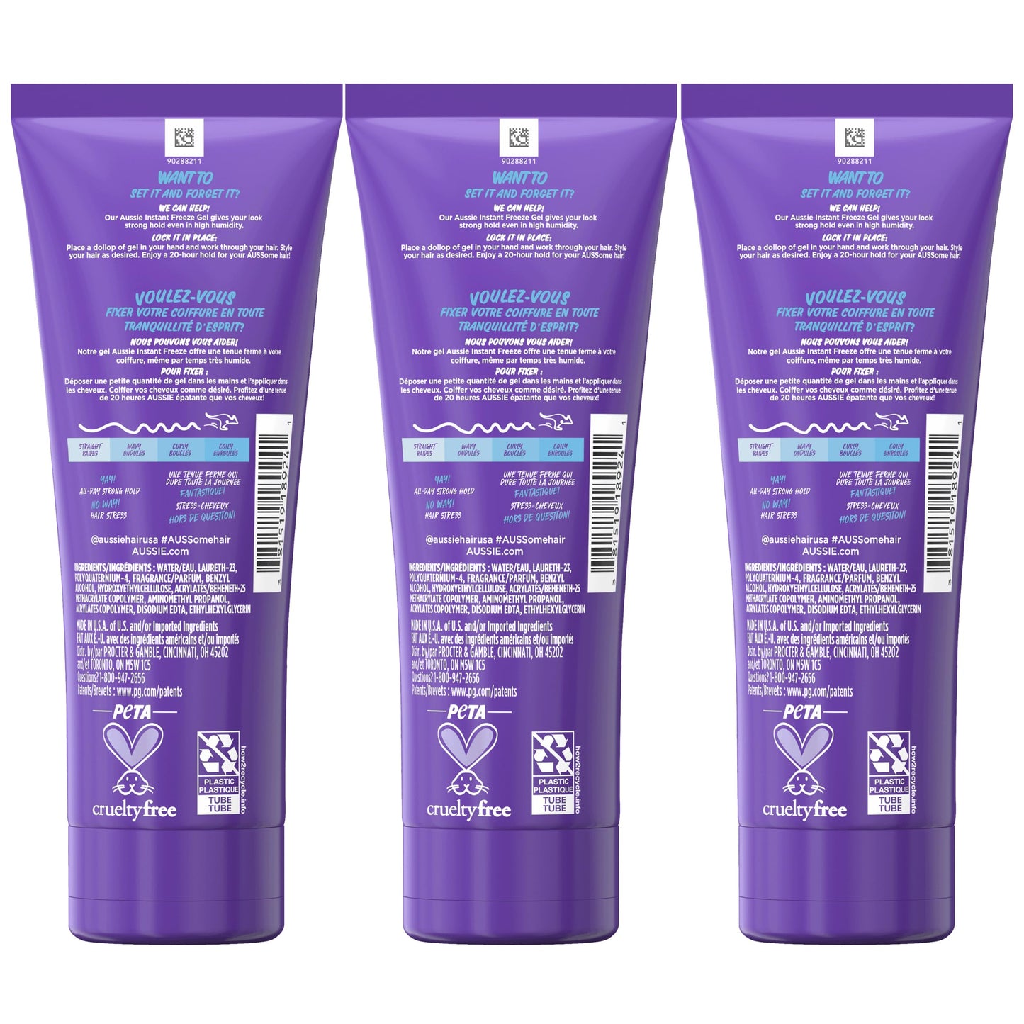 Aussie Instant Freeze Sculpting Hair Gel Triple Pack, 7 Fl Oz Each | Max Hold, No Flakes, Frizz Control with Jojoba Oil, Sea Kelp & Aloe