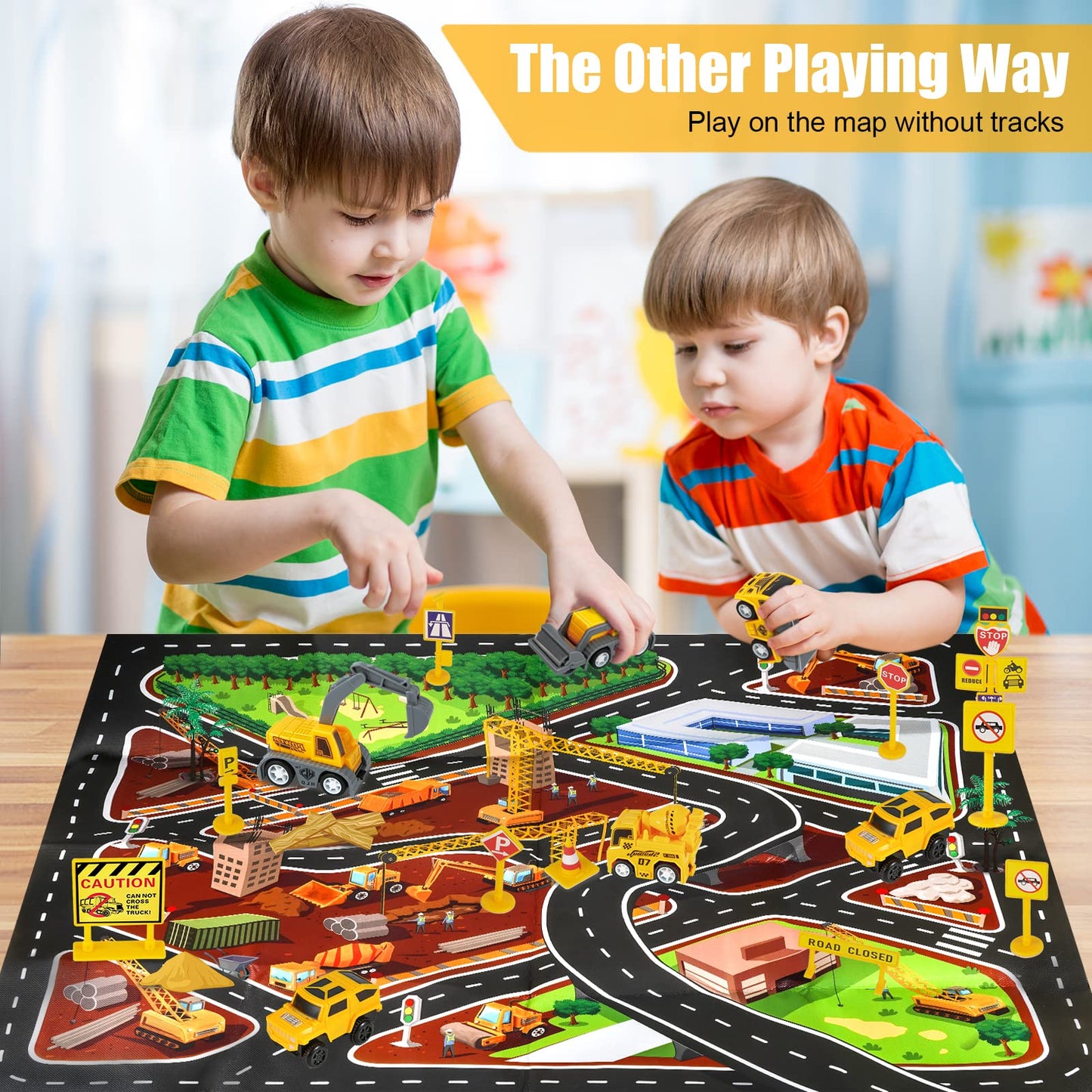 260 PCS Construction Race Track Set for Kids – 2 Electric Cars, 4 Construction Vehicles, Map & Flexible DIY Track, STEM Engineering Toy Ages 3-6