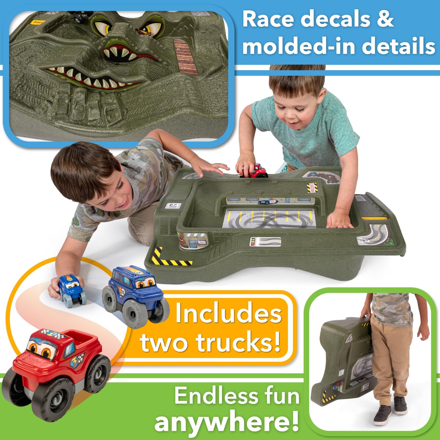 Simplay3 Monster City Extreme Wheels Car Race Track Table - 2 Sided Portable Kids Play Table with 2 Race Trucks - Red or Green - Made in USA