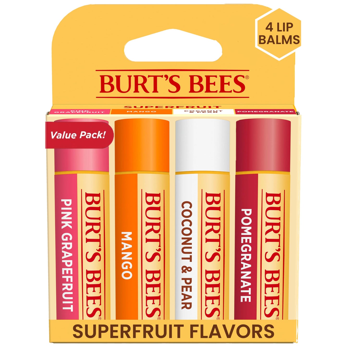 Burt's Bees Lip Balm 4-Pack – Pink Grapefruit, Mango, Coconut & Pear, Pomegranate – Natural, Tint-Free Moisturizer, 0.15 oz Each