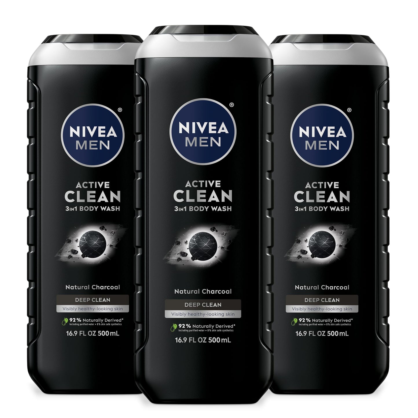 NIVEA Men Active Clean 3-in-1 Charcoal Body Wash for Face, Hair & Body, 16.9 Fl Oz, Deep Cleansing for Normal to Oily Skin – Pack of 3