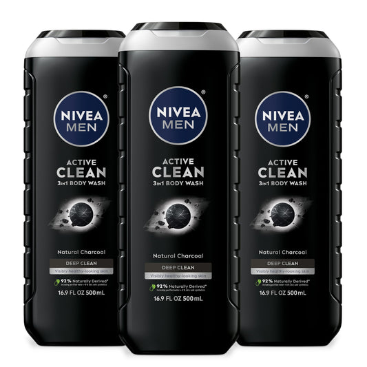 NIVEA Men Active Clean 3-in-1 Charcoal Body Wash for Face, Hair & Body, 16.9 Fl Oz, Deep Cleansing for Normal to Oily Skin – Pack of 3