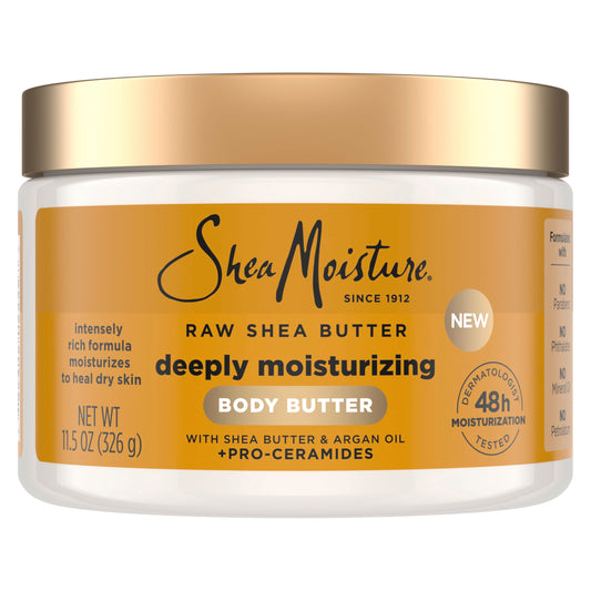 SheaMoisture Deeply Moisturizing Body Butter – Raw Shea, Argan Oil & Pro-Ceramides for 48H Hydration & Healing Dry Skin, 11.5 oz
