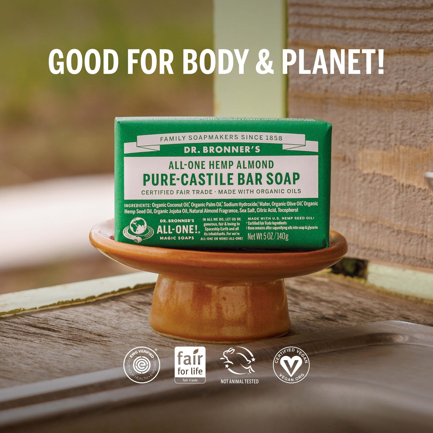 Dr. Bronner's Pure-Castile Almond Soap Bars, 2-Pack, 5oz – Vegan, Organic Oils, Gentle Cleanse for Face, Body & Hair