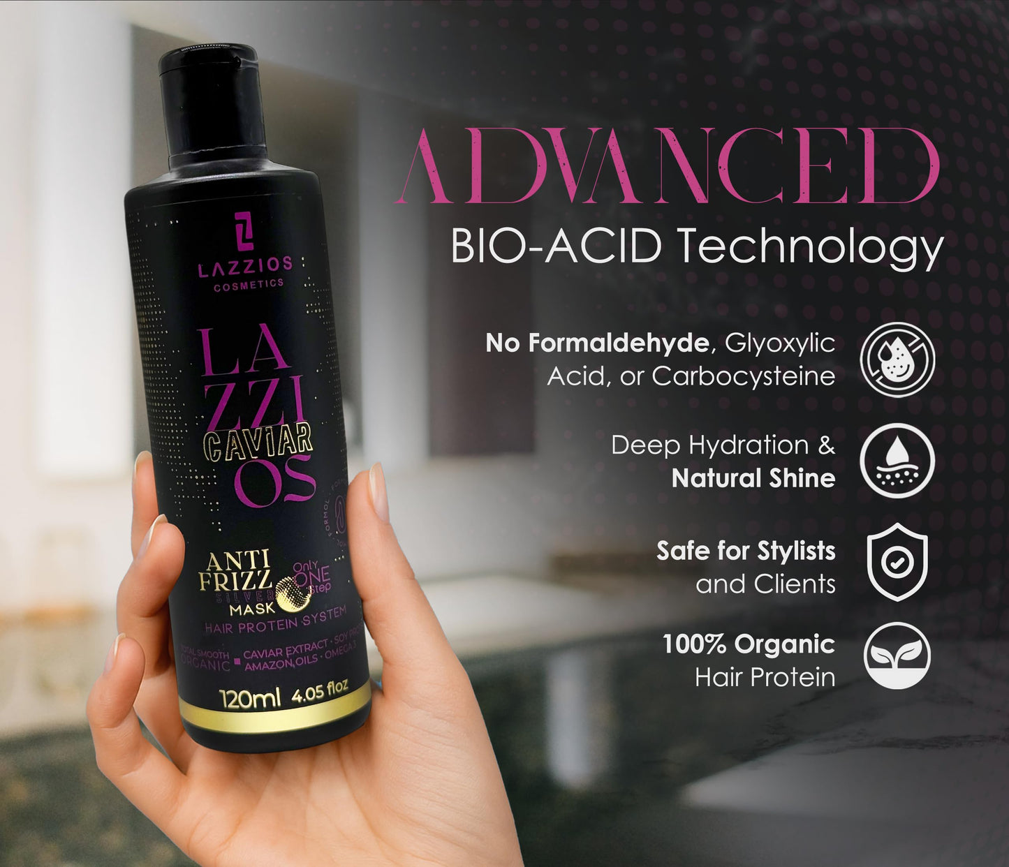 Lazzios Caviar Organic Hair Protein – Formaldehyde-Free Brazilian Keratin Treatment – Anti-Frizz Straightening with Caviar Extract & Hyaluronic Acid (120ml)