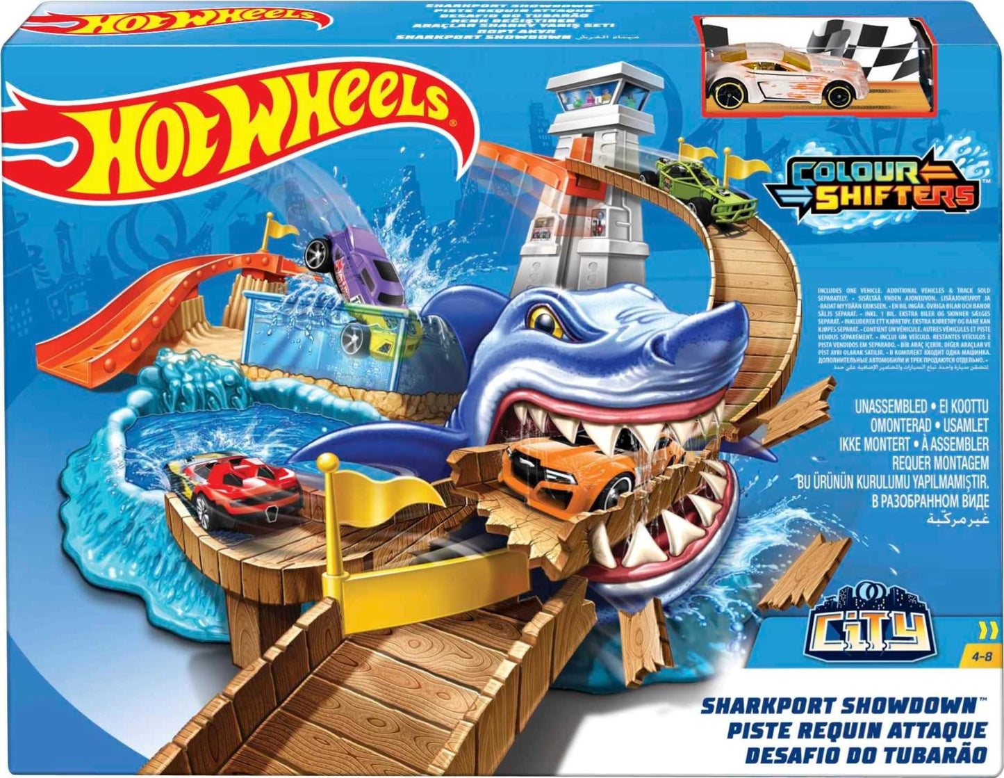 Hot Wheels Toy Car Track Set, Color Shifters Sharkport Showdown, 1:64 Scale Car with Repeat Color-Change Feature (Amazon Exclusive)