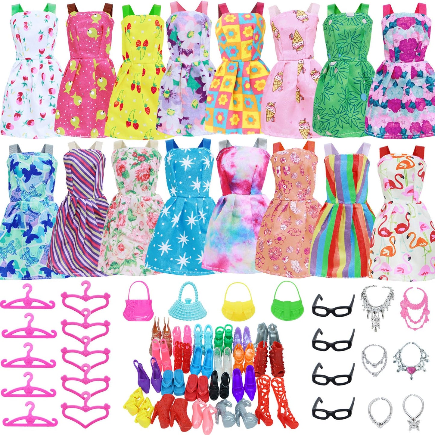 BJDBUS 42-Pc Doll Clothes & Accessories Set for 11.5" Dolls – 10 Mini Dresses, 32 Shoes, Glasses, Necklaces, Handbags & Hangers