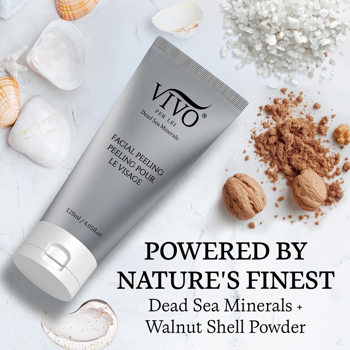 Vivo Per Lei Facial Peeling Gel with Dead Sea Minerals & Nut Shell Powder – Gentle Face Scrub & Blackhead Remover, 4.05 fl oz