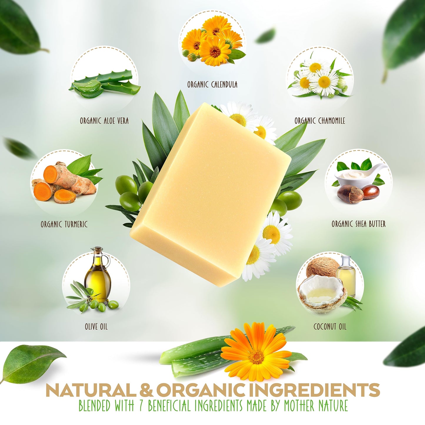 Aloe Vera & Calendula Soap Bar – Natural & Organic Face & Body Cleanser with Turmeric – Gentle, Hydrating Wash for Men, Women & Teens, 4.5 oz