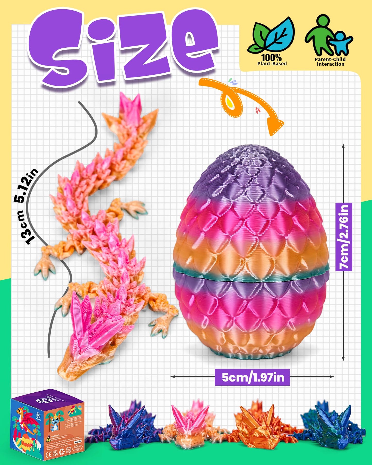 TBOLINE 4PCS 3D Printed Dragon & Dinosaur Eggs, Articulated Crystal Animal Fidget Toys for Kids, Easter Gifts for Boys & Girls