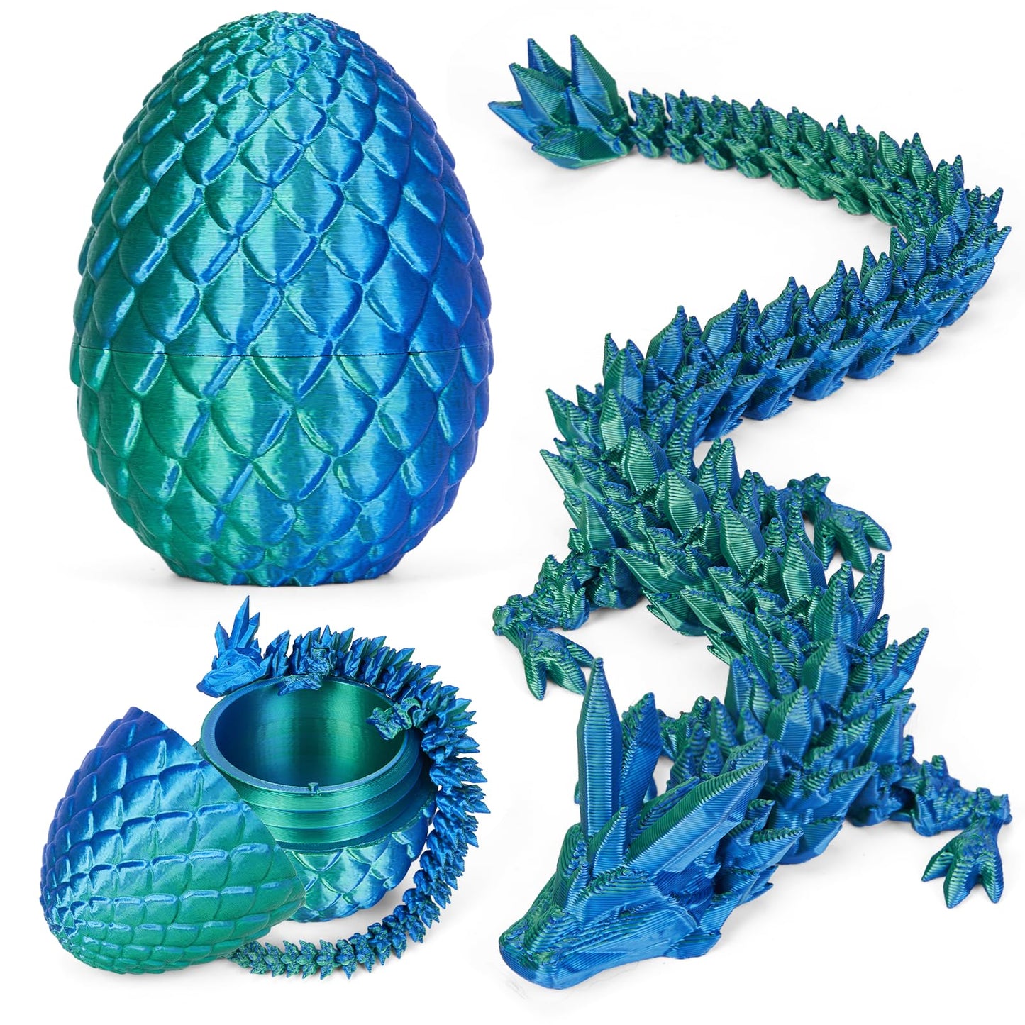 3D Printed Crystal Dragon Egg Toy – Articulated Fidget Dragon for Kids, Boys & Girls, Cool 3D Printer Dinosaur Egg Gift (A-Laser Green + Egg)