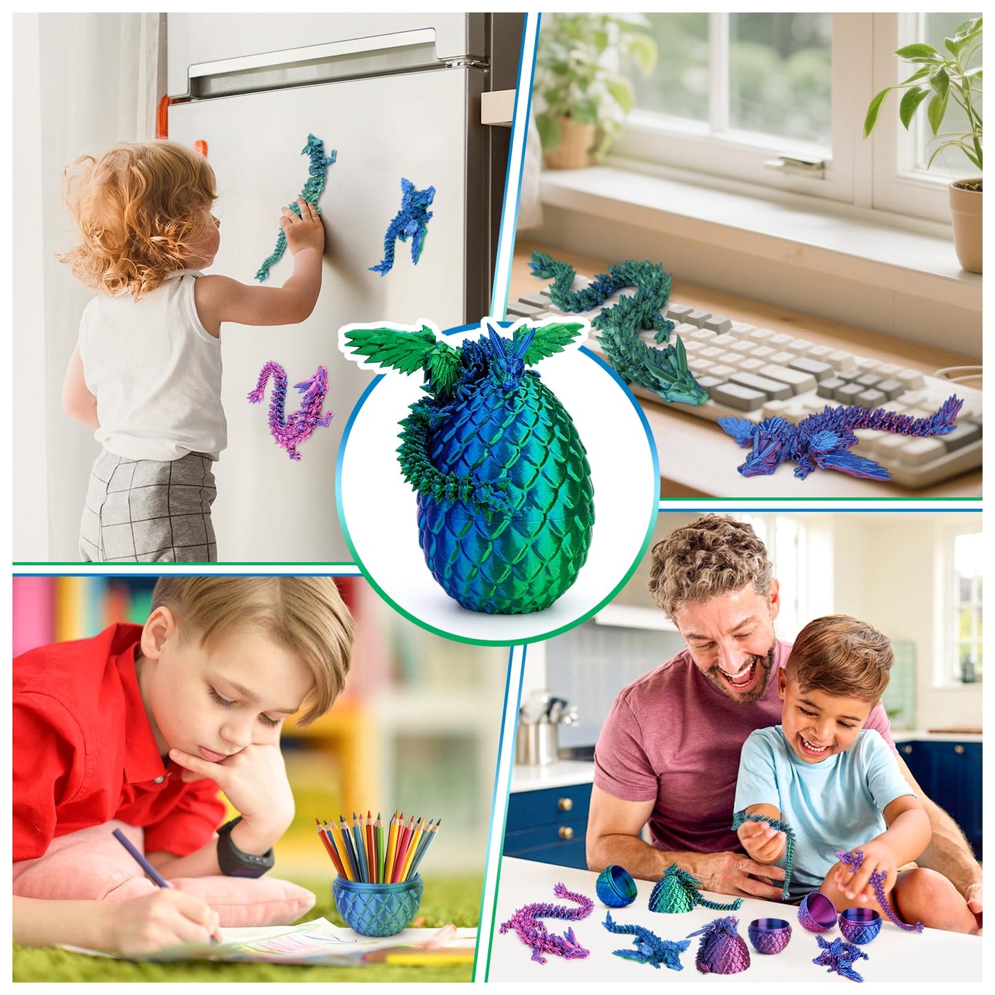Aousin 3D Printed Dragon Eggs with 4 Dragons Inside - Swappable Wing, Flexible Articulated Magnetic Dragons Animals Fidget Toy for Kids (Purple+Blue)