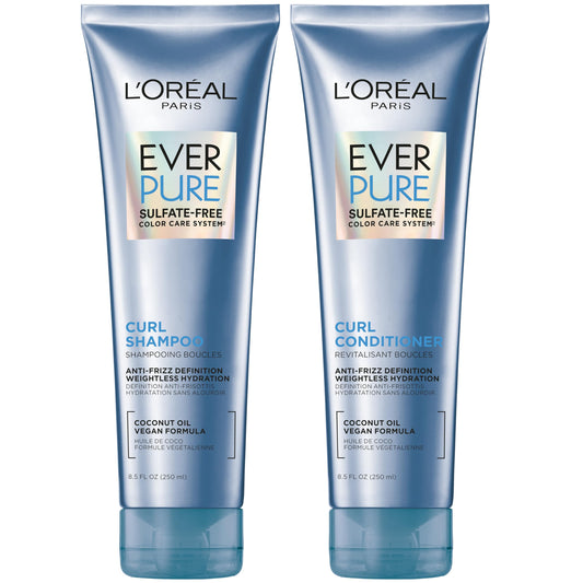 L'Oreal Paris EverPure Sulfate-Free Shampoo & Conditioner Set for Curly Hair, Anti-Frizz with Coconut Oil, 8.5 Fl Oz Each, 2-Pack