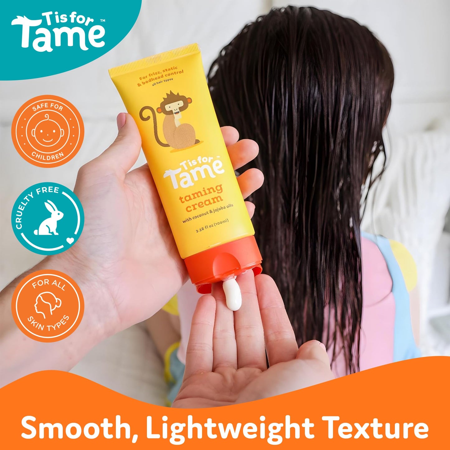 T is for Tame - Hair Taming Cream for Kids, All-Natural for Frizz & Flyaways, Coconut Oil, Leave-in Cream for Babies & Toddlers, Straight or Curly