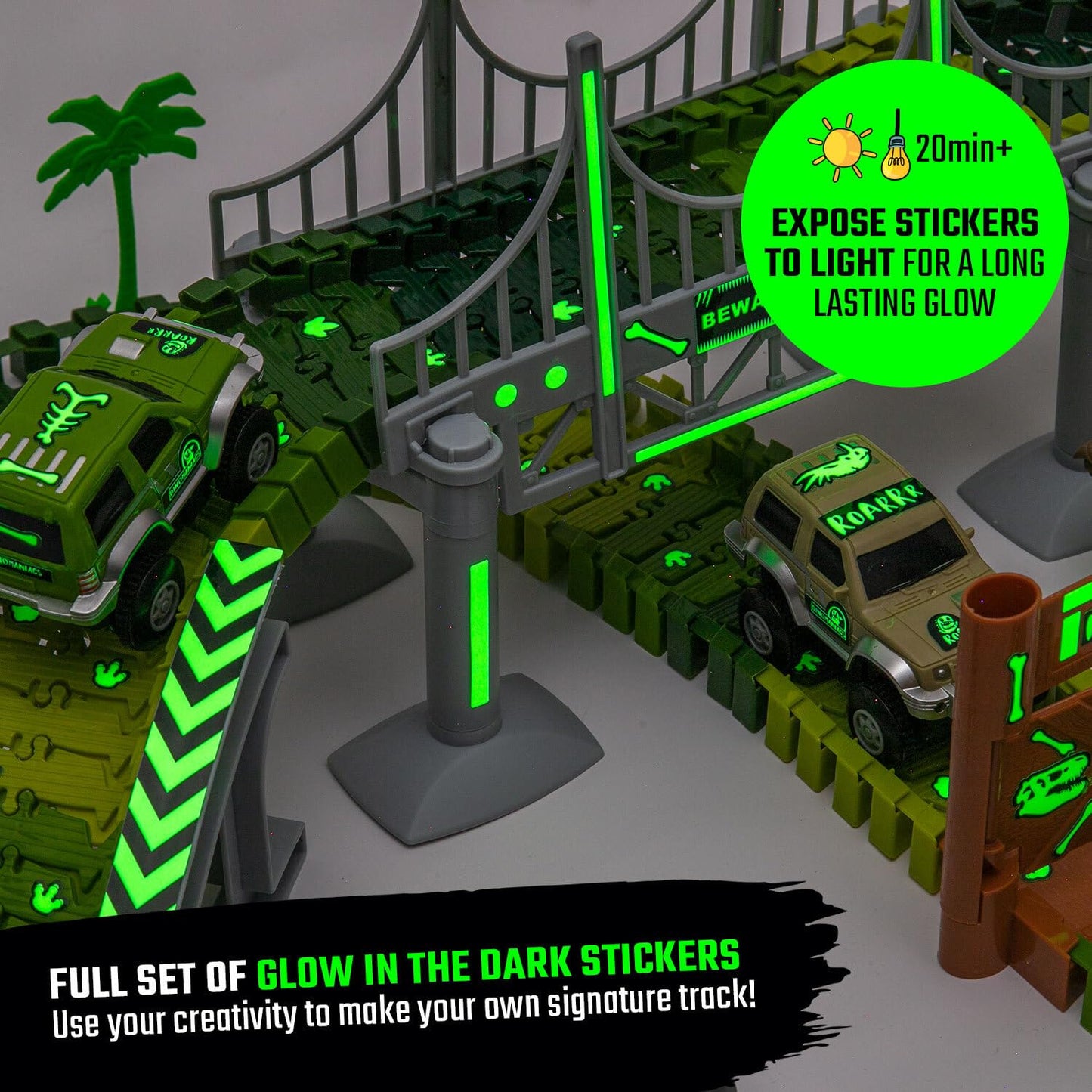 JITTERYGIT Dinosaur Jurassic Glow-in-the-Dark Race Track Toy Set with T-Rex & Triceratops – Dino Racetrack Park for Kids Ages 3-8