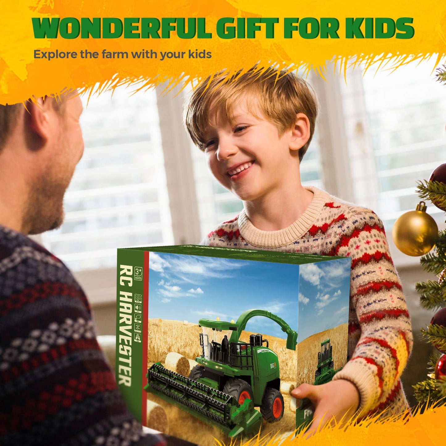 Remote Control Combine Harvester Tractor Toy 1:24 RC Farm Vehicle with Lights, 2 Grain Heads & Rechargeable Batteries for Kids 4-9